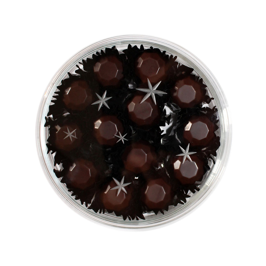 Sternenhimmel – 13 Schokoladendiamanten aus Zartbitterschokolade in handgravierter Glasdose (vegan)