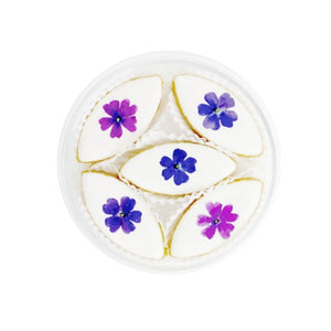 Calissons mit blauen und violetten Verbeneblüten in der Glasdose