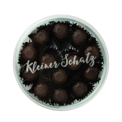 Kleiner Schatz – 13 Diamanten aus Zartbitterschokolade in handgravierter Glasdose (vegan)